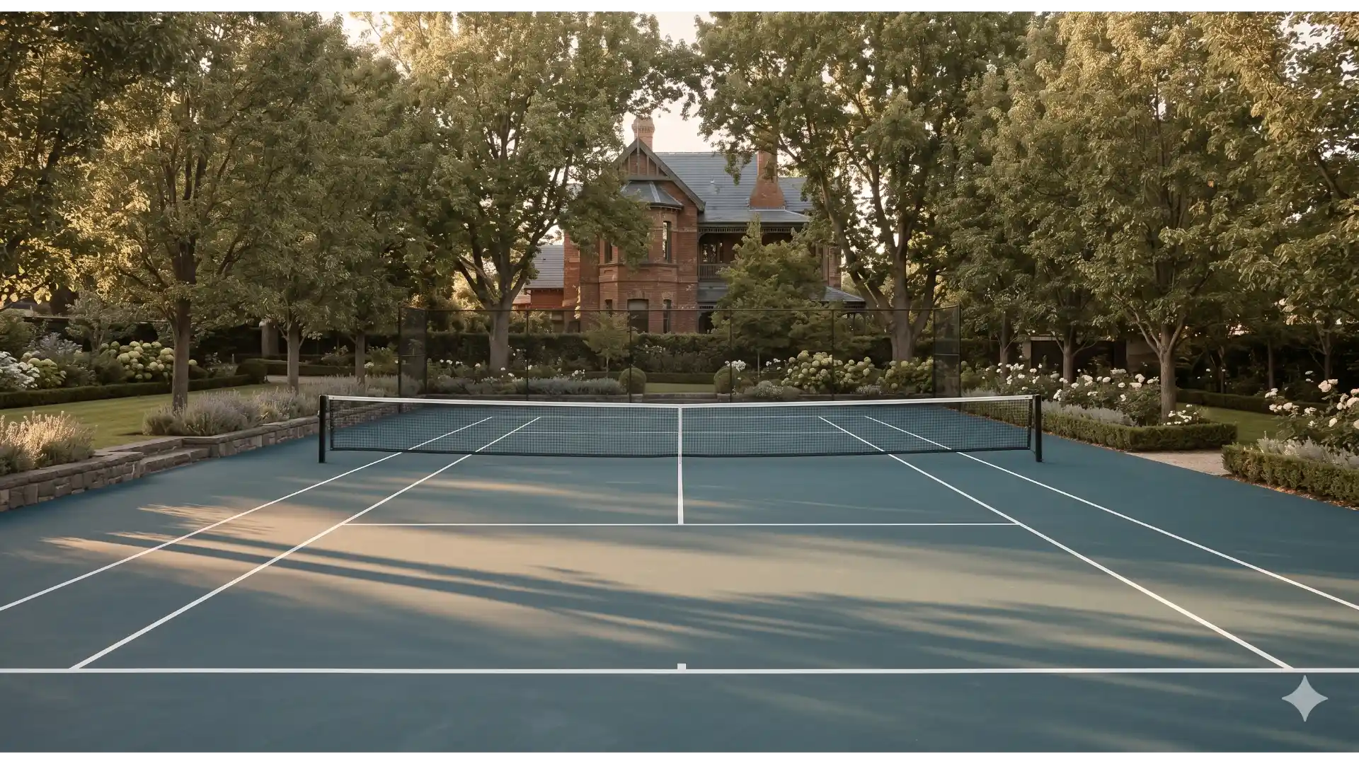 Private tennis court resurfaced in Plexipave deep blue-green, set within a heritage inner-east garden at golden hour.