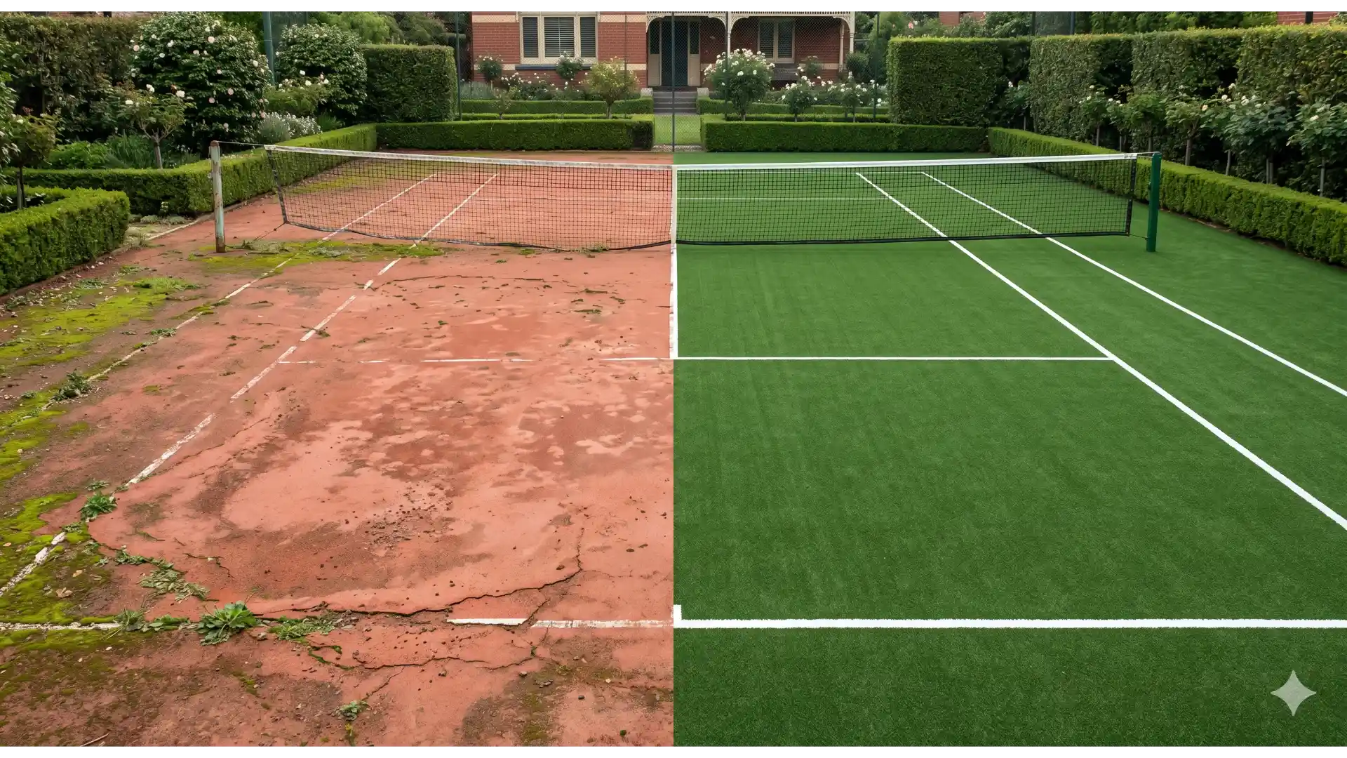 Before and after of an En Tout Cas court converted to synthetic grass in Hawthorn.