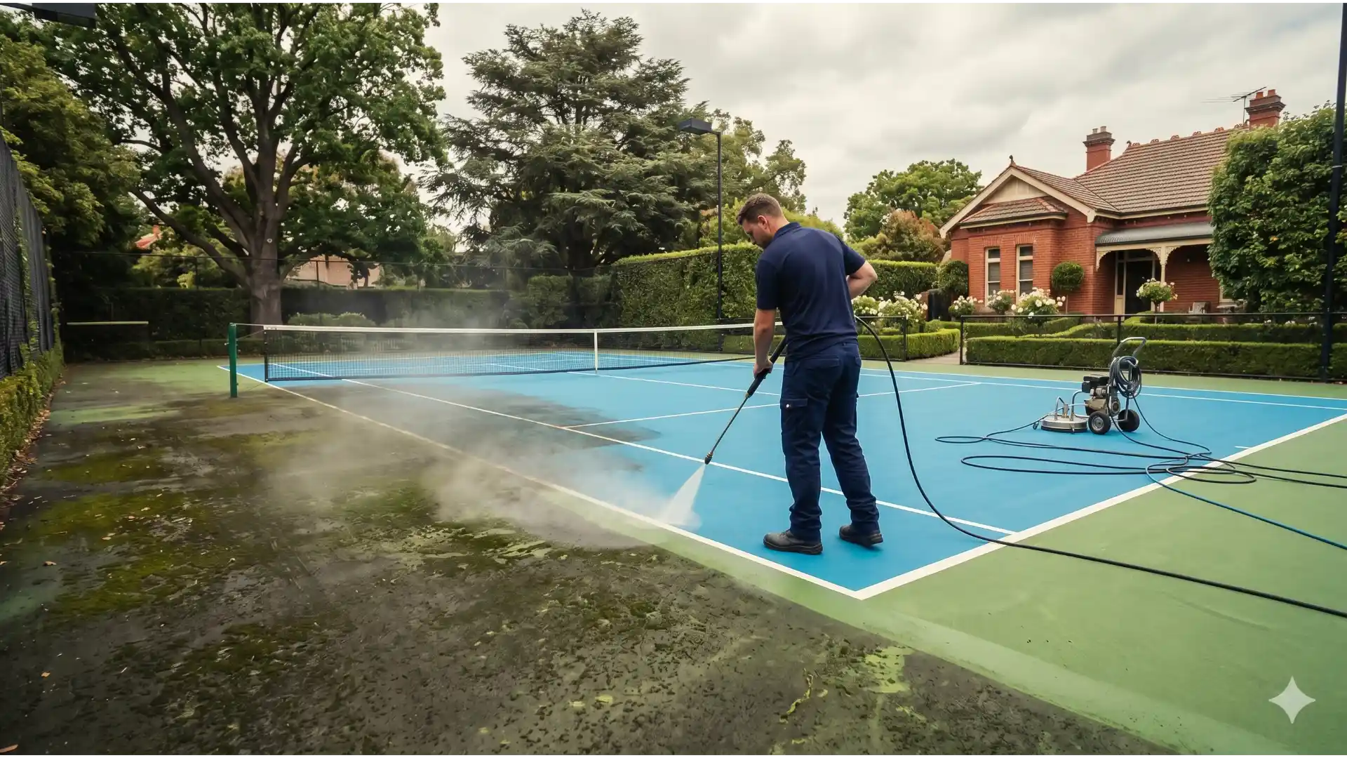 Crew member pressure-cleaning an acrylic court, dirty and clean halves visible in the same frame.