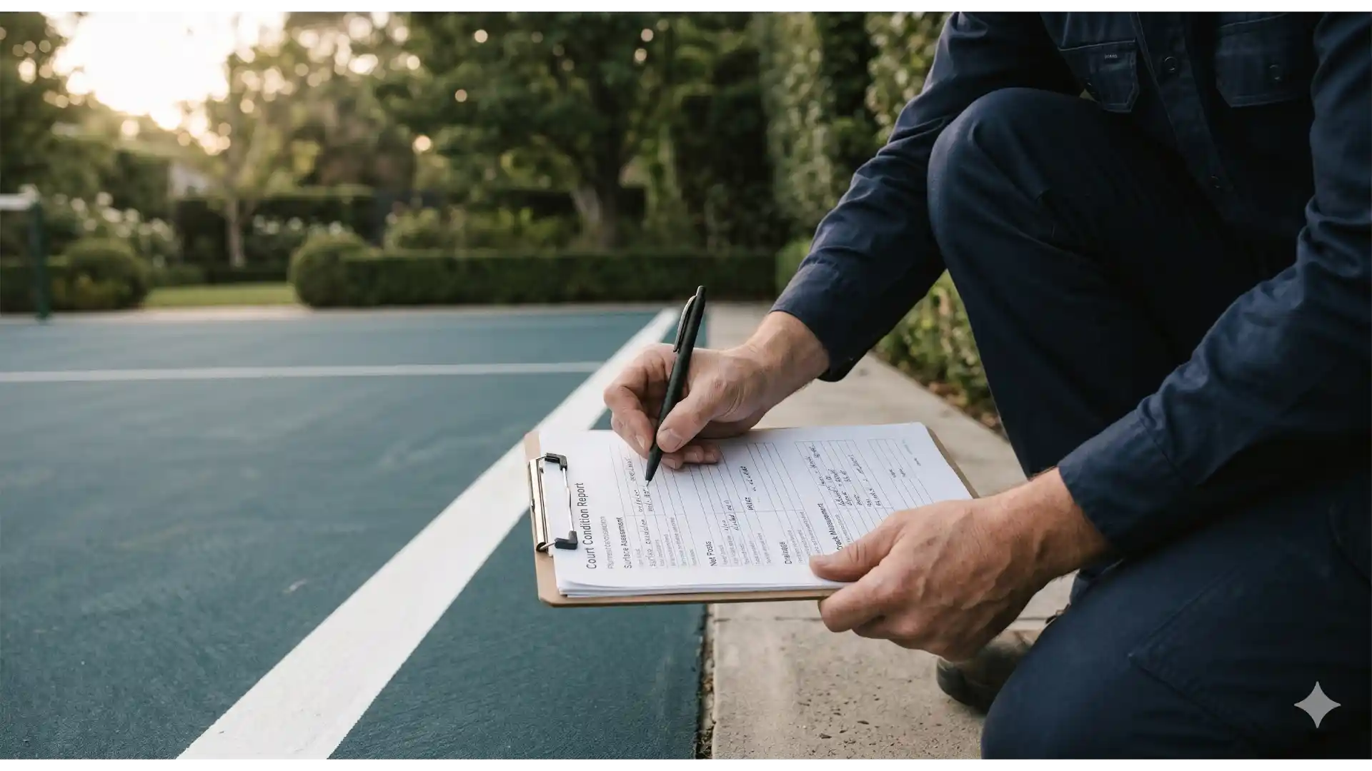Court specialist measuring a crack on an acrylic surface, branded workwear, candid action shot.