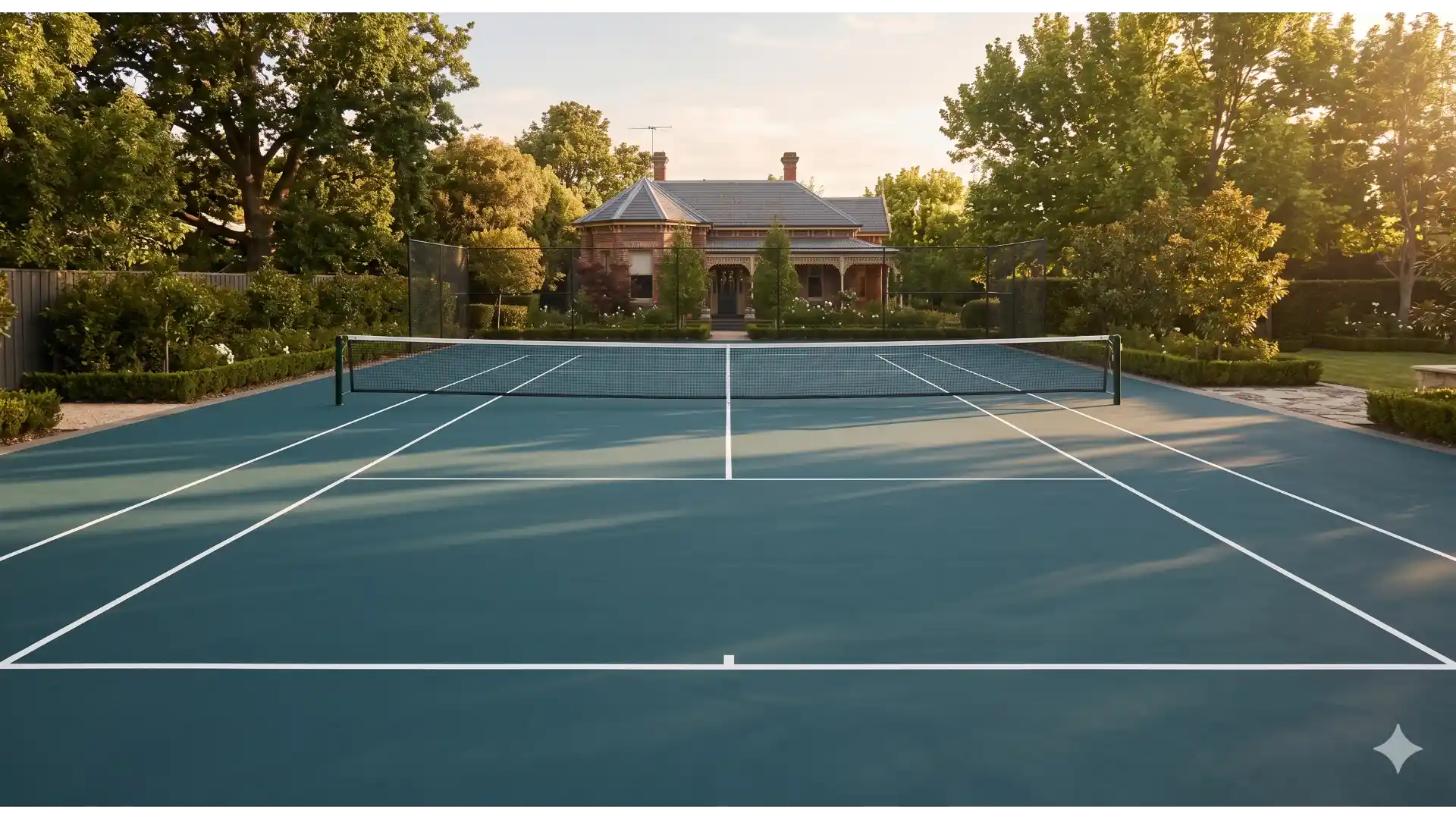 Freshly resurfaced Plexipave court in a formal Hawthorn garden, deep blue-green surface with sharp white lines.